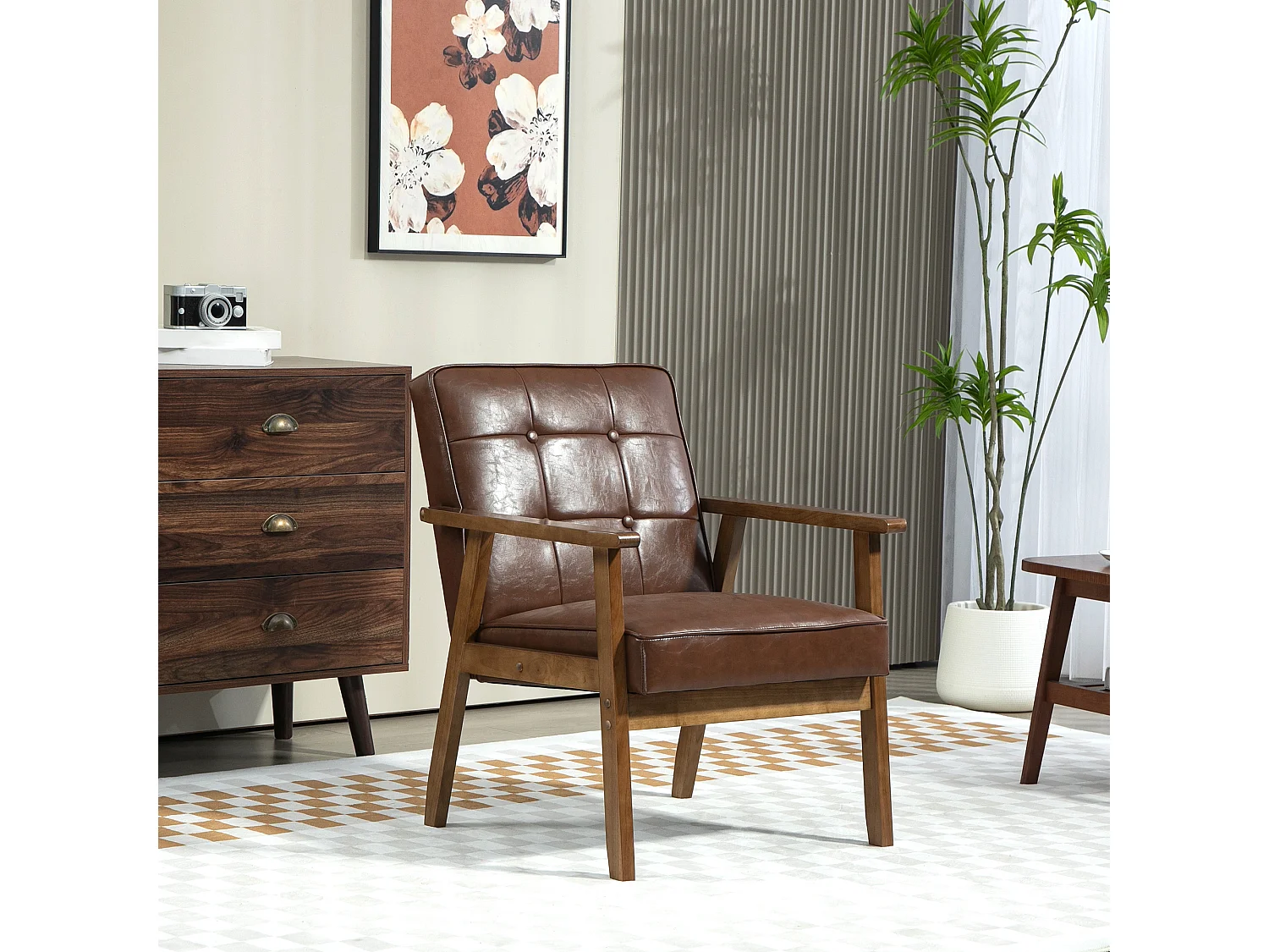 Fauteuil de salon lounge design Chesterfield bois hévéa foncé synthétique chocolat
