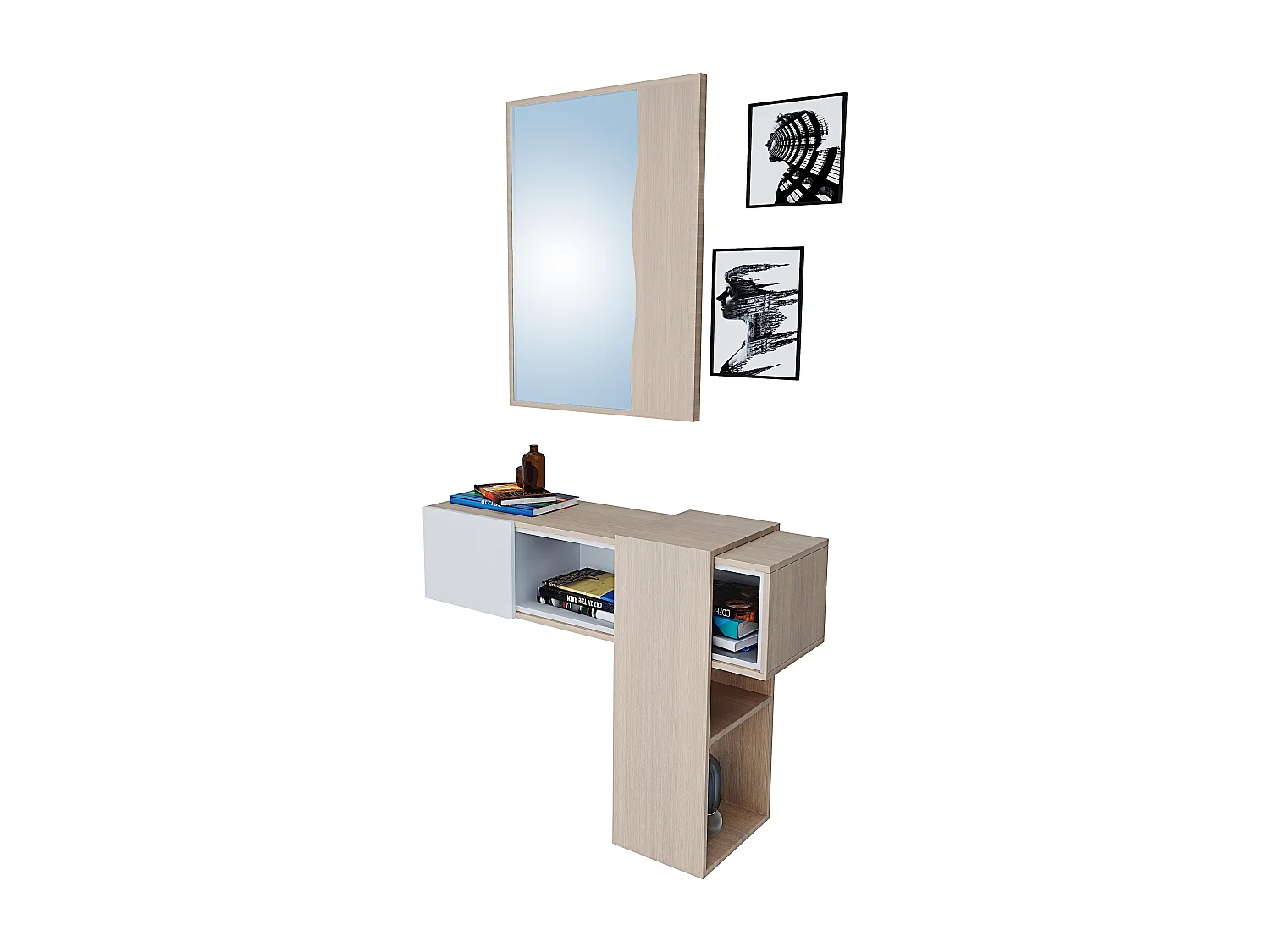 Mobile Danzica Mobiletto da Ingresso Mensola Sospesa con Specchio E Ripiani Scorrevole Arredo Arredamento Sala 100 x 31.5 x 75 cm Colore Bianco e Rovere
