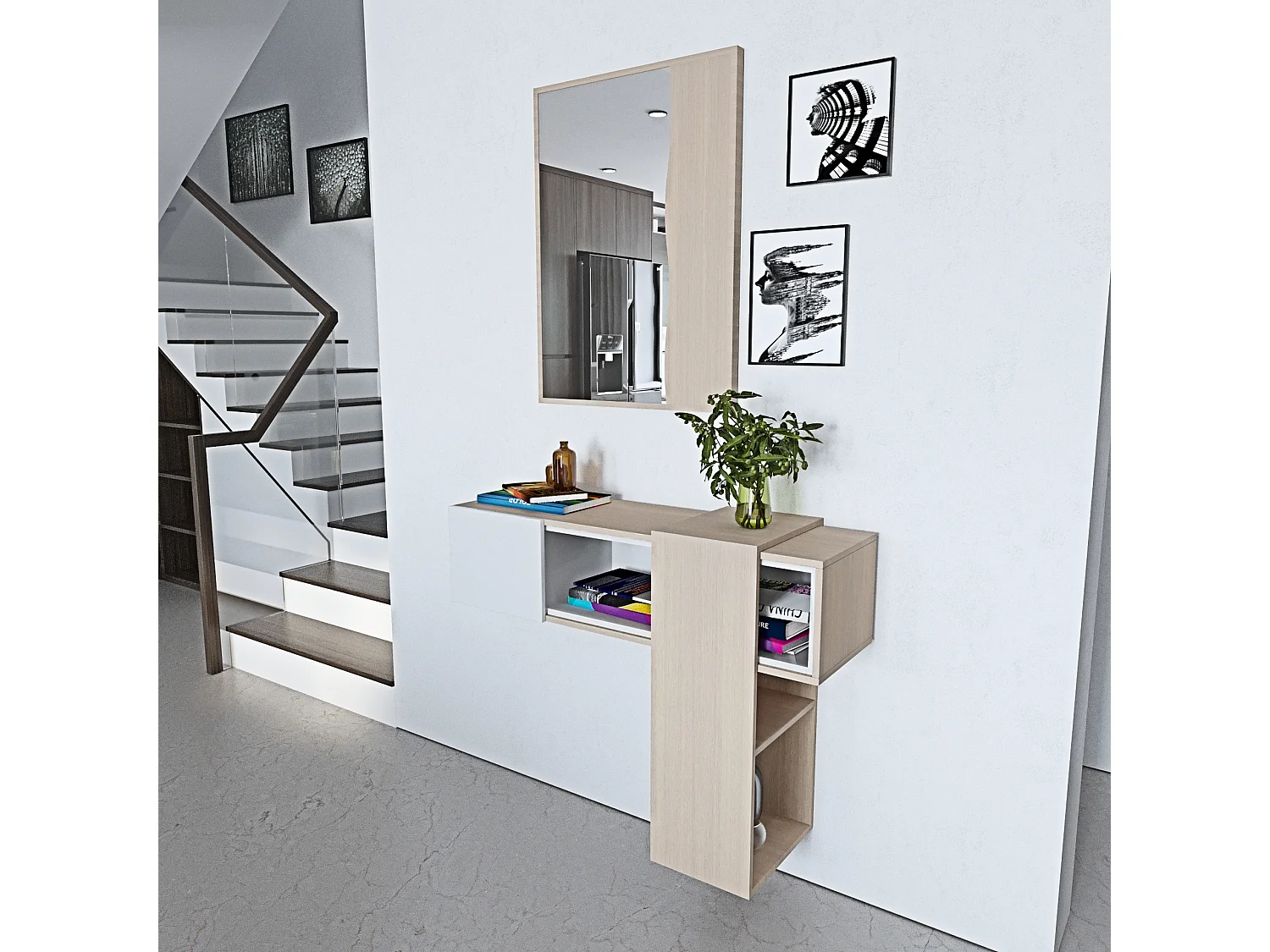 Mobile Danzica Mobiletto da Ingresso Mensola Sospesa con Specchio E Ripiani Scorrevole Arredo Arredamento Sala 100 x 31.5 x 75 cm Colore Bianco e Rovere