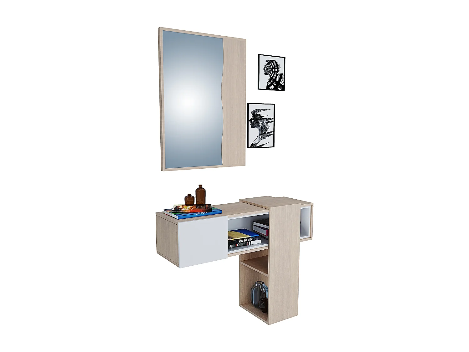 Mobile Danzica Mobiletto da Ingresso Mensola Sospesa con Specchio E Ripiani Scorrevole Arredo Arredamento Sala 100 x 31.5 x 75 cm Colore Bianco e Rovere