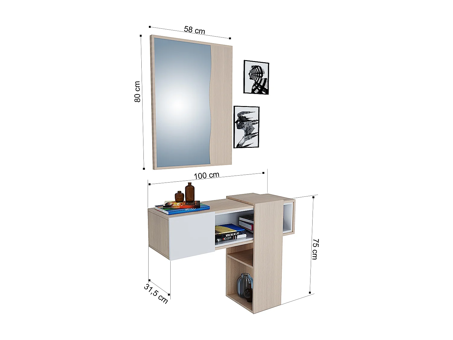 Mobile Danzica Mobiletto da Ingresso Mensola Sospesa con Specchio E Ripiani Scorrevole Arredo Arredamento Sala 100 x 31.5 x 75 cm Colore Bianco e Rovere