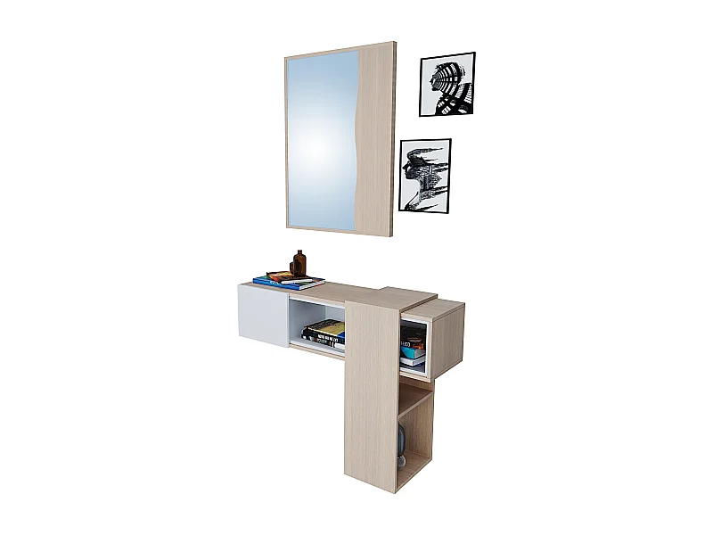 Mobile Danzica Mobiletto da Ingresso Mensola Sospesa con Specchio E Ripiani Scorrevole Arredo Arredamento Sala 100 x 31.5 x 75 cm Colore Bianco e Rovere