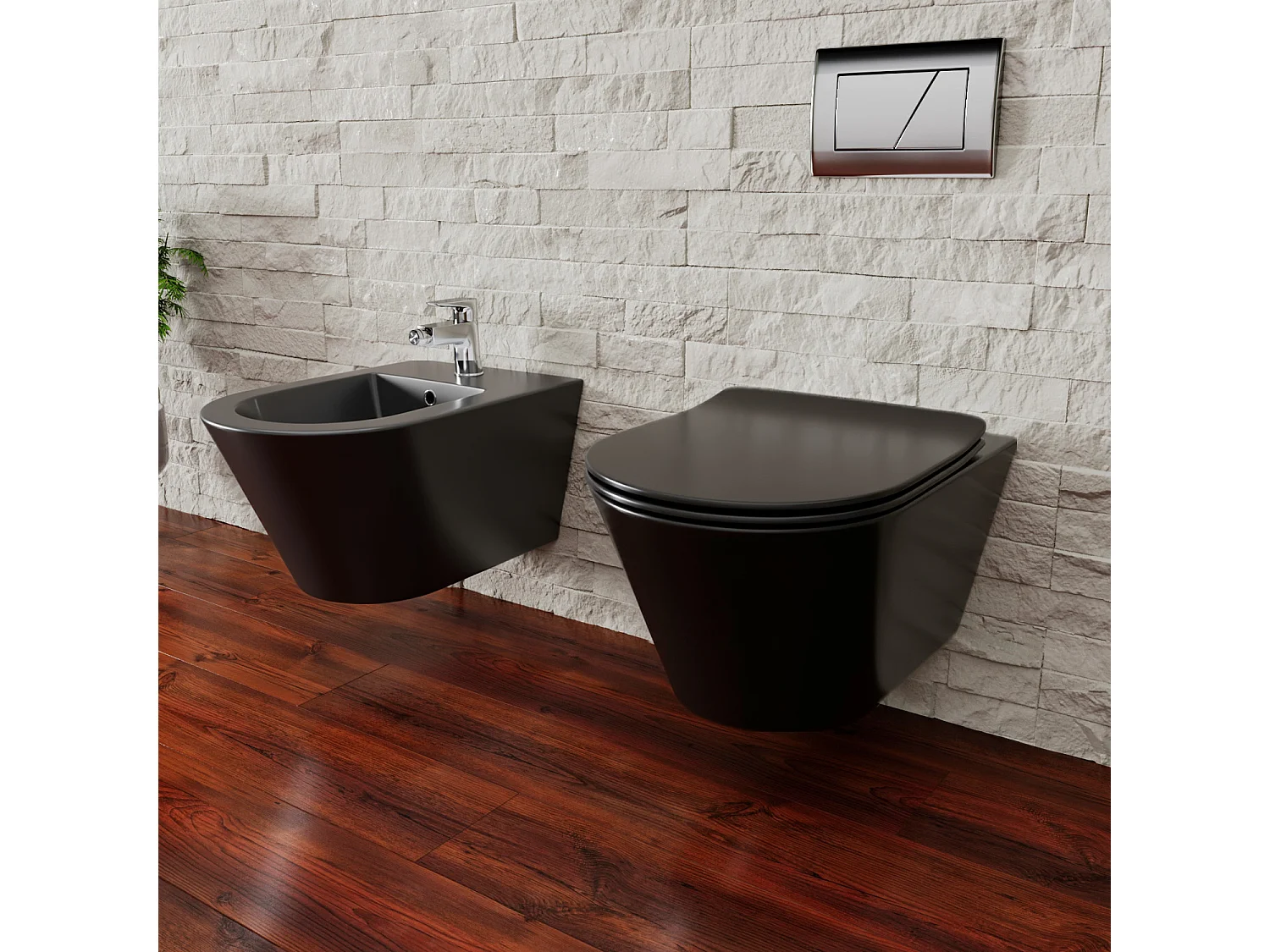 Coppia Sanitari Sospesi Vaso WC Rimless Con Tornado Flush E Bidet Sospeso Moderno Tondo In Ceramica Con Copriwater Chiusura Soft Close Nero Opaco