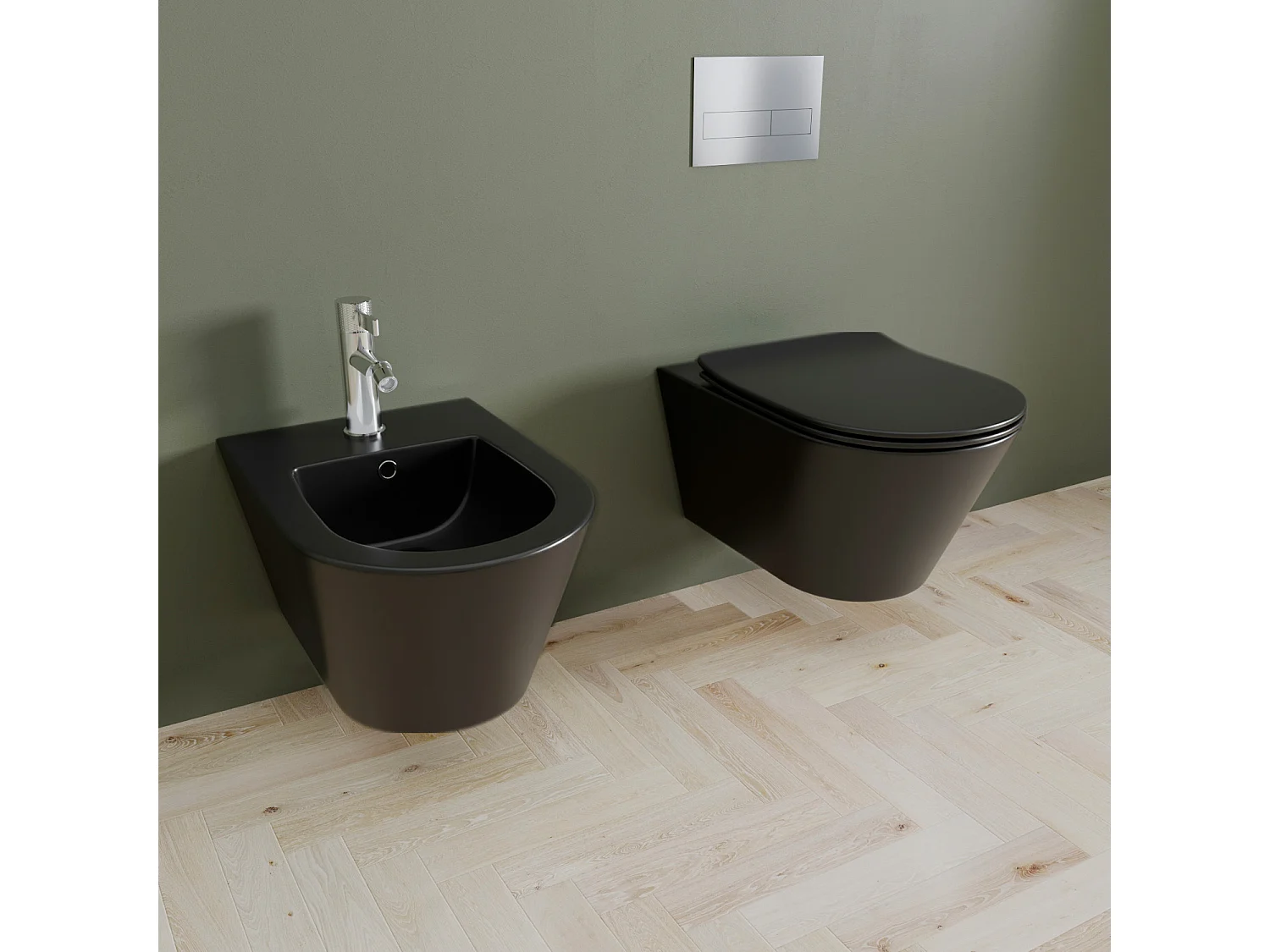 Coppia Sanitari Sospesi Vaso WC Rimless Con Tornado Flush E Bidet Sospeso Moderno Tondo In Ceramica Con Copriwater Chiusura Soft Close Nero Opaco