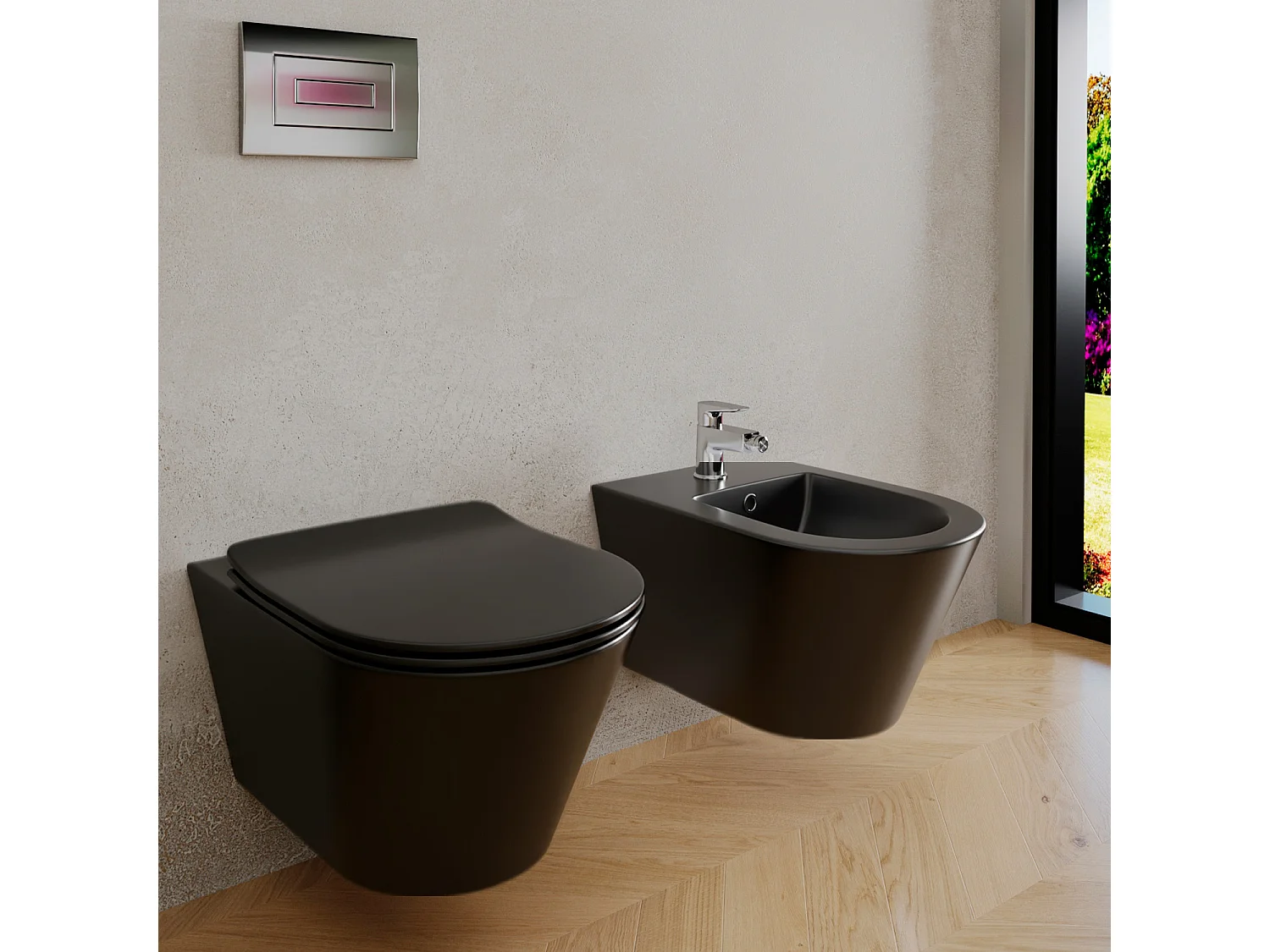 Coppia Sanitari Sospesi Vaso WC Rimless Con Tornado Flush E Bidet Sospeso Moderno Tondo In Ceramica Con Copriwater Chiusura Soft Close Nero Opaco