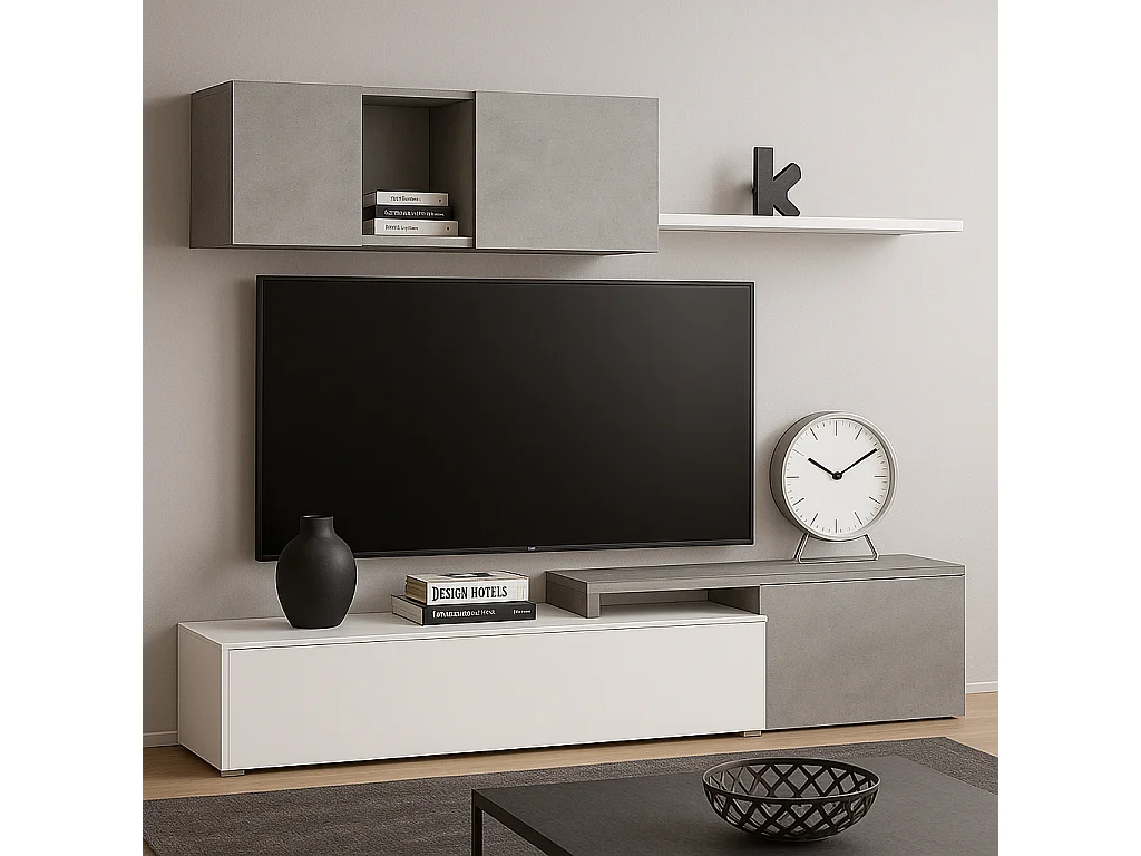 Parete Attrezzata Mobile Soggiorno TV con Mensola Pensile Salotto Base Televisione Sala Pranzo Design Moderno Reversibile 201x41x44 cm Bianco Grigio