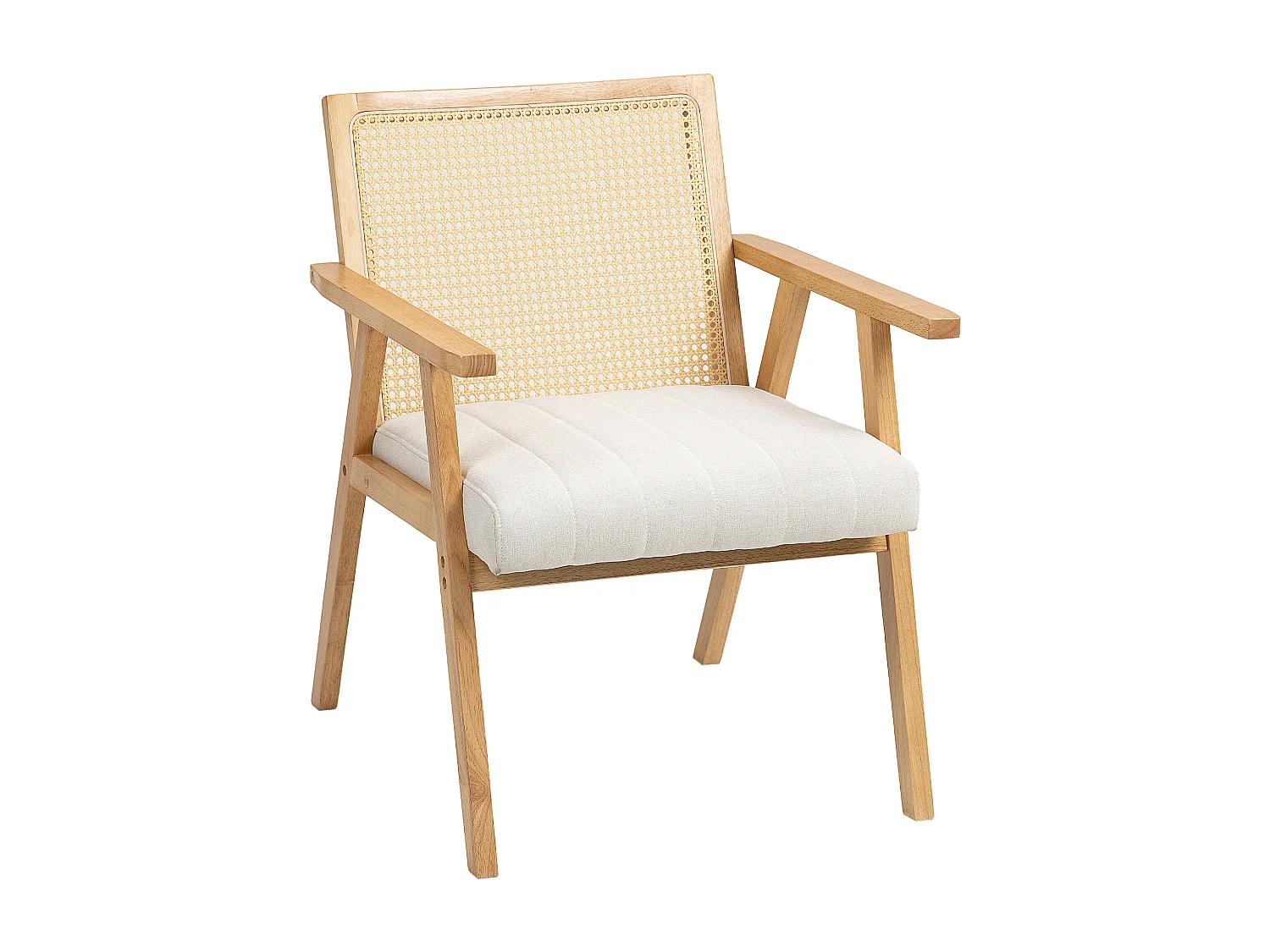 Fauteuil lounge en cannage et bois épais coussin toucher lin blanc cassé