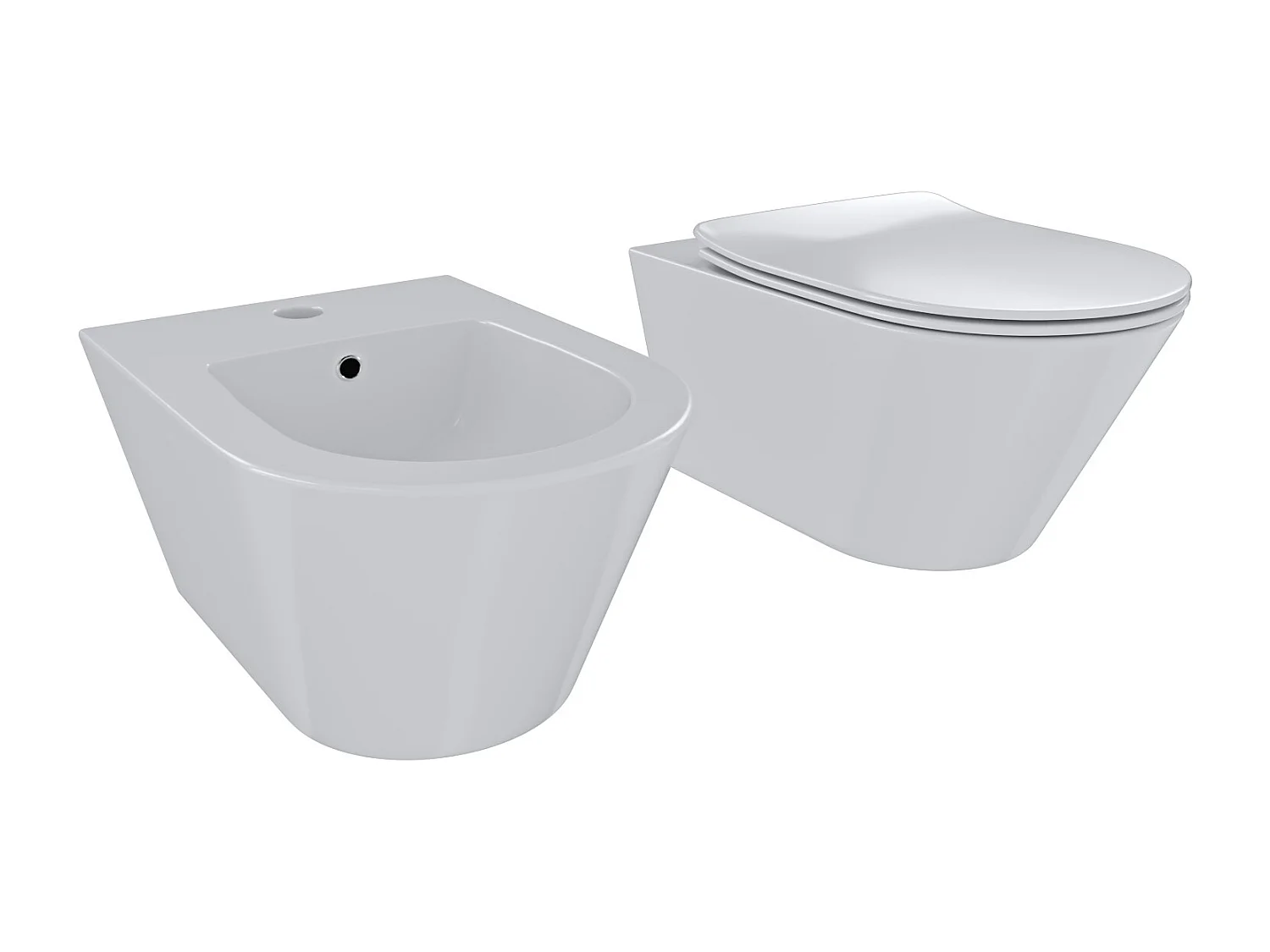 Coppia Sanitari Sospesi Vaso WC Rimless Con Tornado Flush E Bidet Sospeso Moderno Tondo In Ceramica Con Copriwater Chiusura Soft Close Bianco Lucido