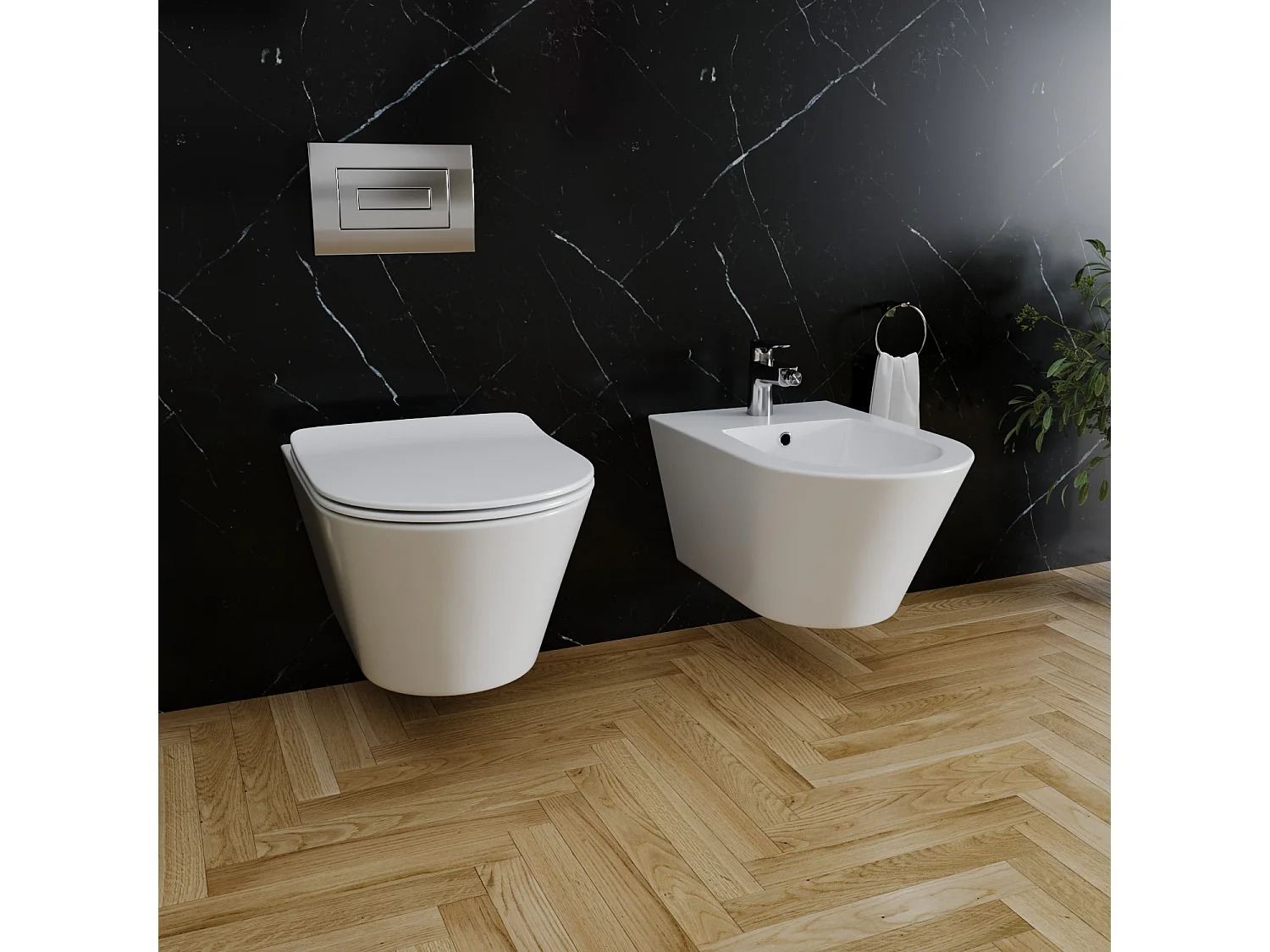 Coppia Sanitari Sospesi Vaso WC Rimless Con Tornado Flush E Bidet Sospeso Moderno Tondo In Ceramica Con Copriwater Chiusura Soft Close Bianco Lucido