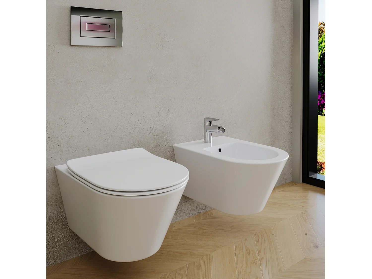 Coppia Sanitari Sospesi Vaso WC Rimless Con Tornado Flush E Bidet Sospeso Moderno Tondo In Ceramica Con Copriwater Chiusura Soft Close Bianco Lucido