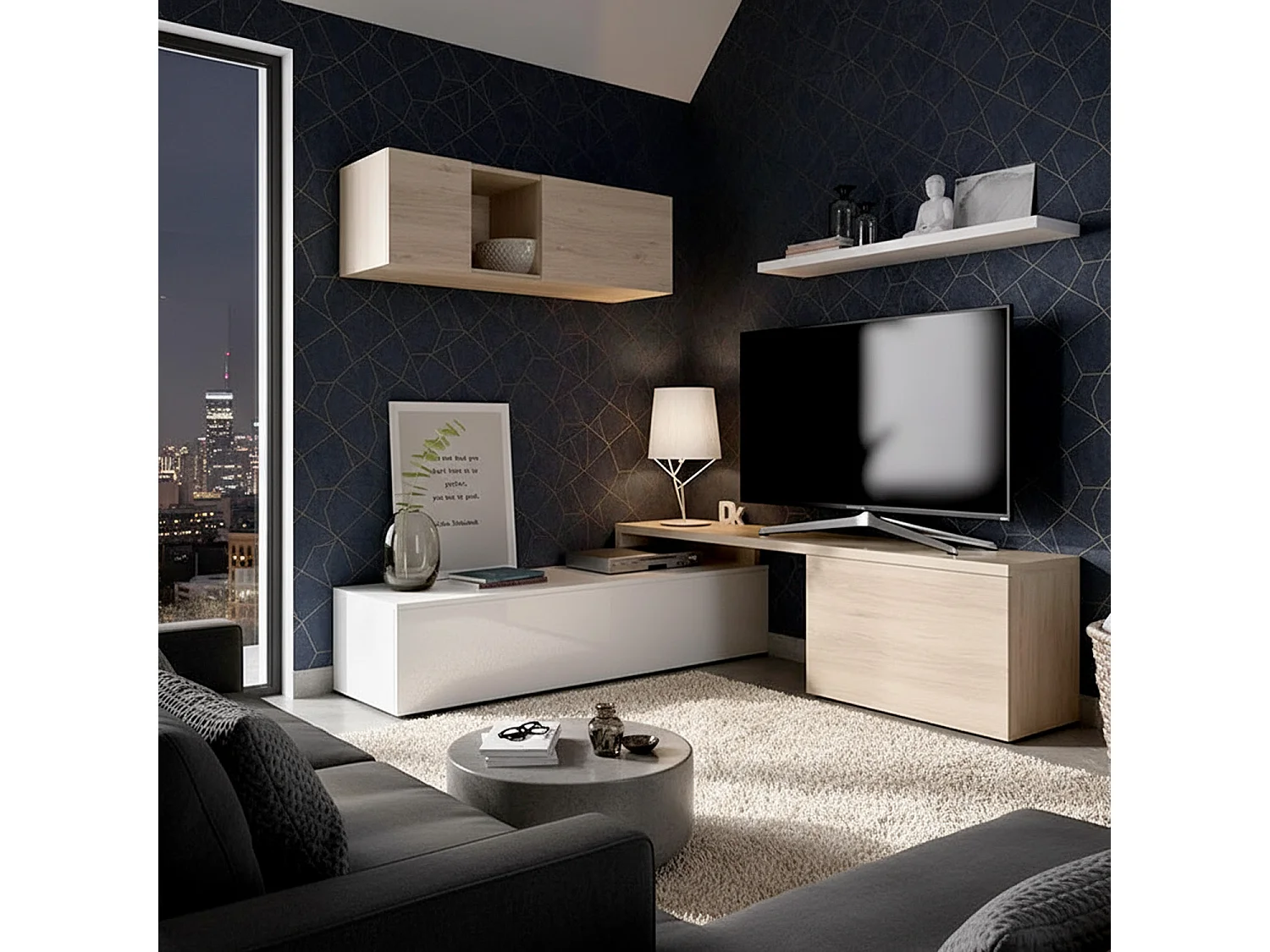 Parete Attrezzata Mobile Soggiorno TV con Mensola Pensile Salotto Base Televisione Sala Pranzo Design Moderno Reversibile 201x41x44 cm Bianco Rovere