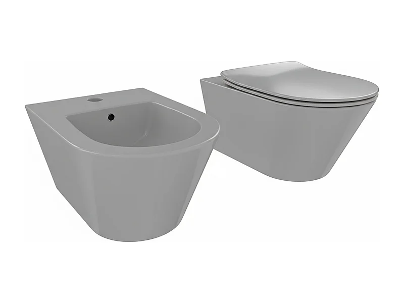Coppia Sanitari Sospesi Vaso WC Rimless Con Tornado Flush E Bidet Sospeso Moderno Tondo In Ceramica Con Copriwater Chiusura Soft Close Grigio Opaco