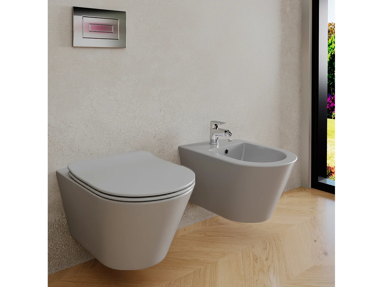 Coppia Sanitari Sospesi Vaso WC Rimless Con Tornado Flush E Bidet Sospeso Moderno Tondo In Ceramica Con Copriwater Chiusura Soft Close Grigio Opaco
