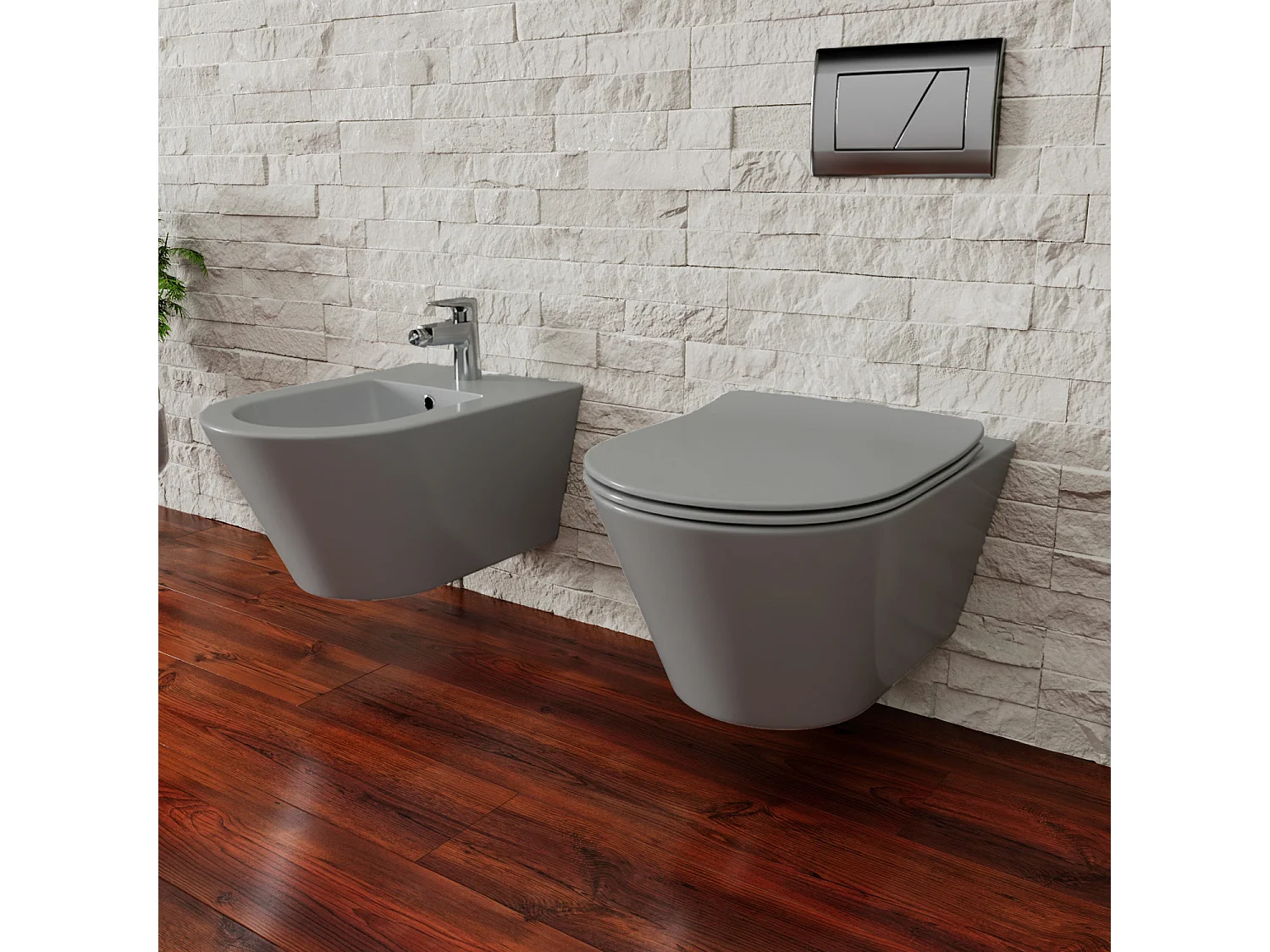 Coppia Sanitari Sospesi Vaso WC Rimless Con Tornado Flush E Bidet Sospeso Moderno Tondo In Ceramica Con Copriwater Chiusura Soft Close Grigio Opaco