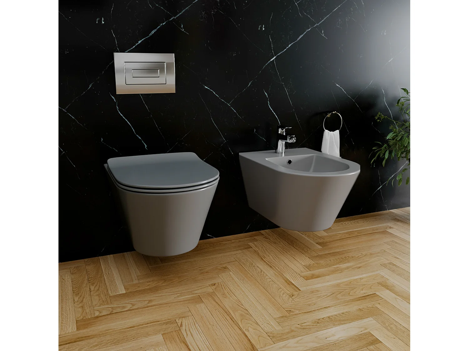 Coppia Sanitari Sospesi Vaso WC Rimless Con Tornado Flush E Bidet Sospeso Moderno Tondo In Ceramica Con Copriwater Chiusura Soft Close Grigio Opaco