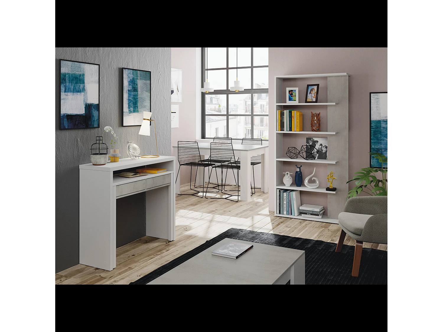 Libreria Santa Cruz Design Scaffale Mensola Moderna Mobile Per Libri Con Ripiani Per Soggiorno Salotto 180 x 90 x 25 cm (Colore Bianco e Grigio Cemento)