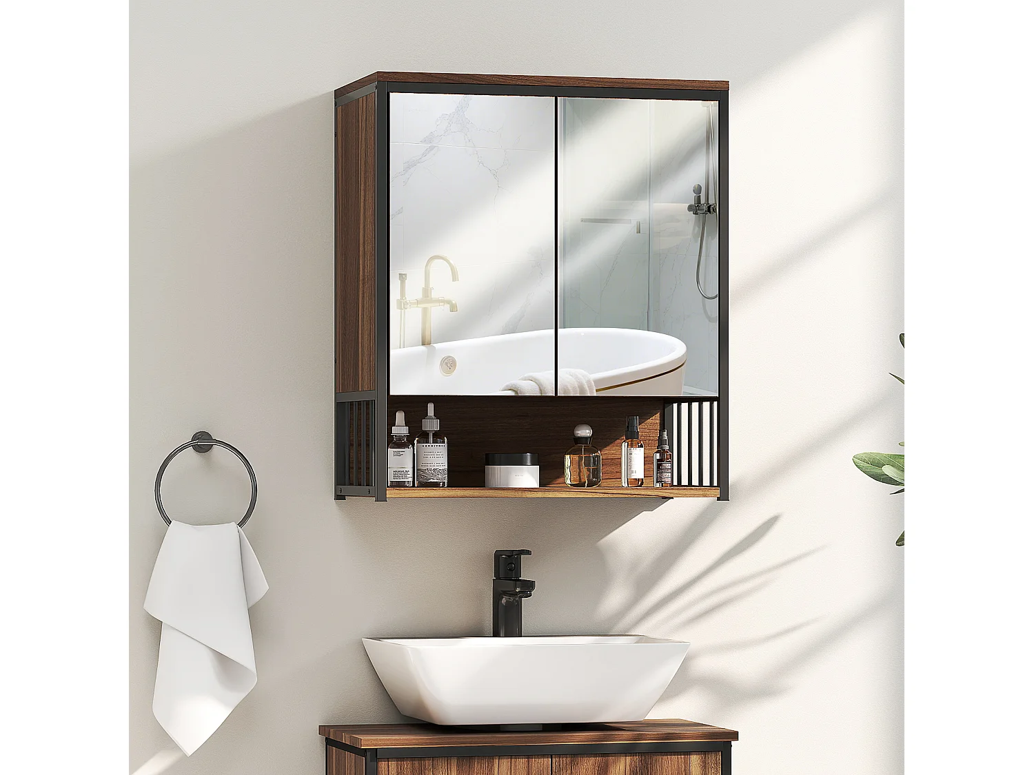 Armoire miroir murale salle de bain 2 portes design - étagère, niche - métal noir effet bois noyer