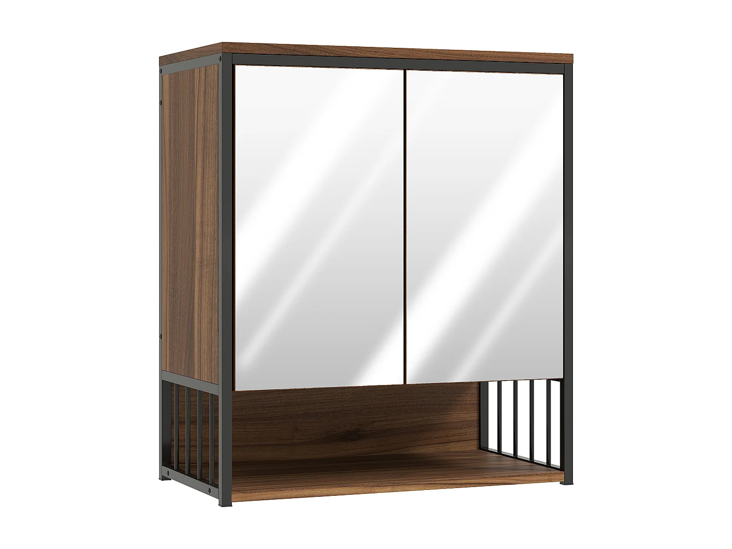 Armoire miroir murale salle de bain 2 portes design - étagère, niche - métal noir effet bois noyer