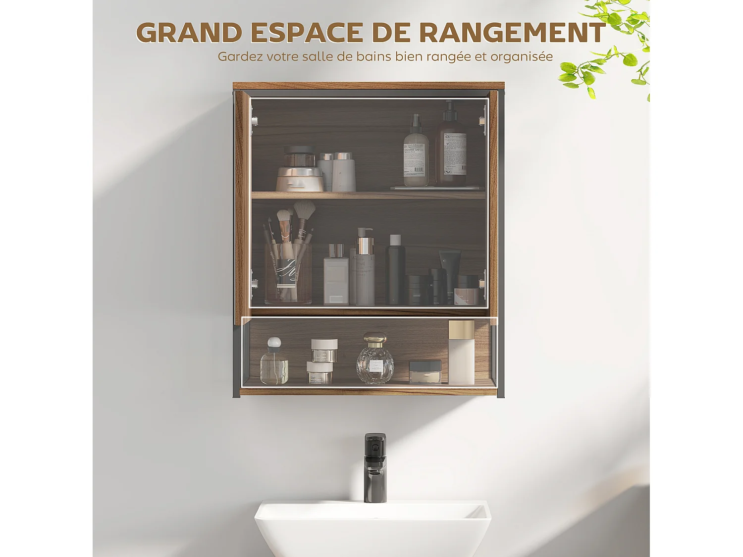 Armoire miroir murale salle de bain 2 portes design - étagère, niche - métal noir effet bois noyer
