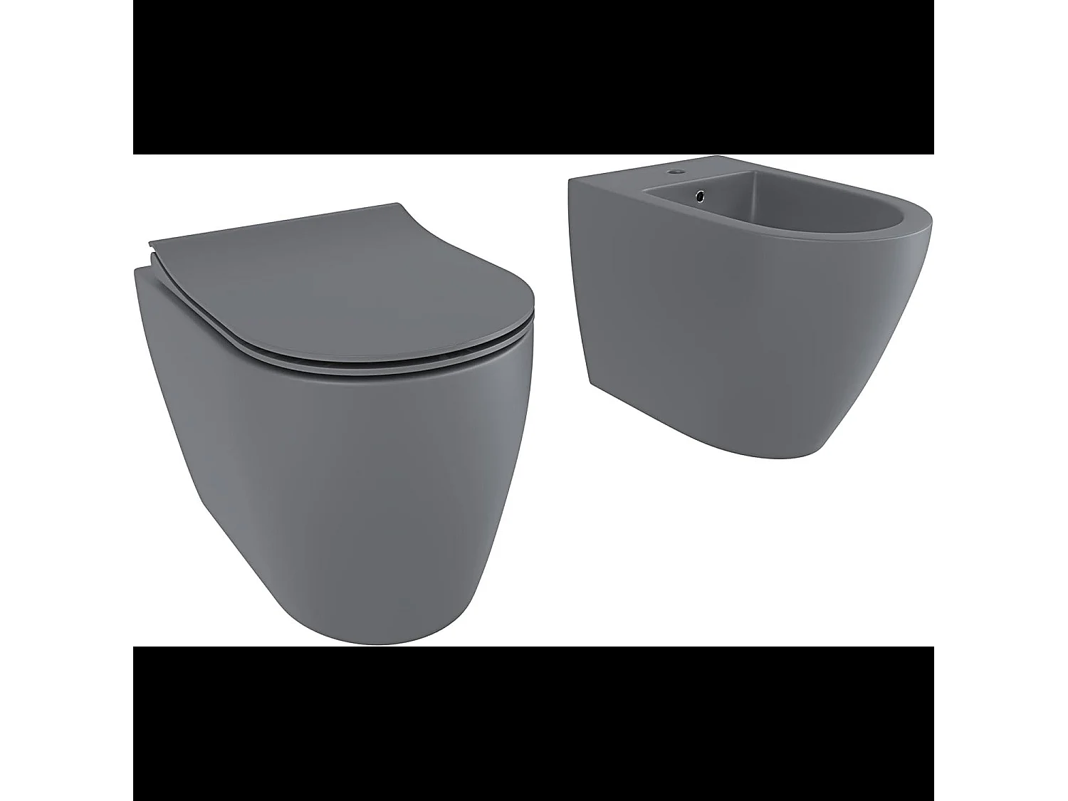 Coppia Sanitari Filomuro Parete Vaso WC Rimless Senza Brida Tornado Flush E Bidet Moderno In Ceramica Copriwater Chiusura Soft Close Grigio Opaco