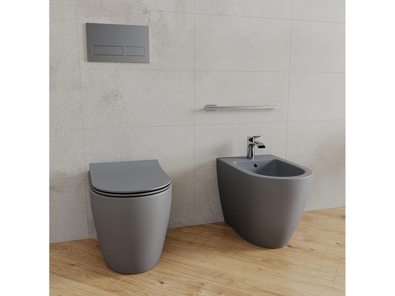 Coppia Sanitari Filomuro Parete Vaso WC Rimless Senza Brida Tornado Flush E Bidet Moderno In Ceramica Copriwater Chiusura Soft Close Grigio Opaco
