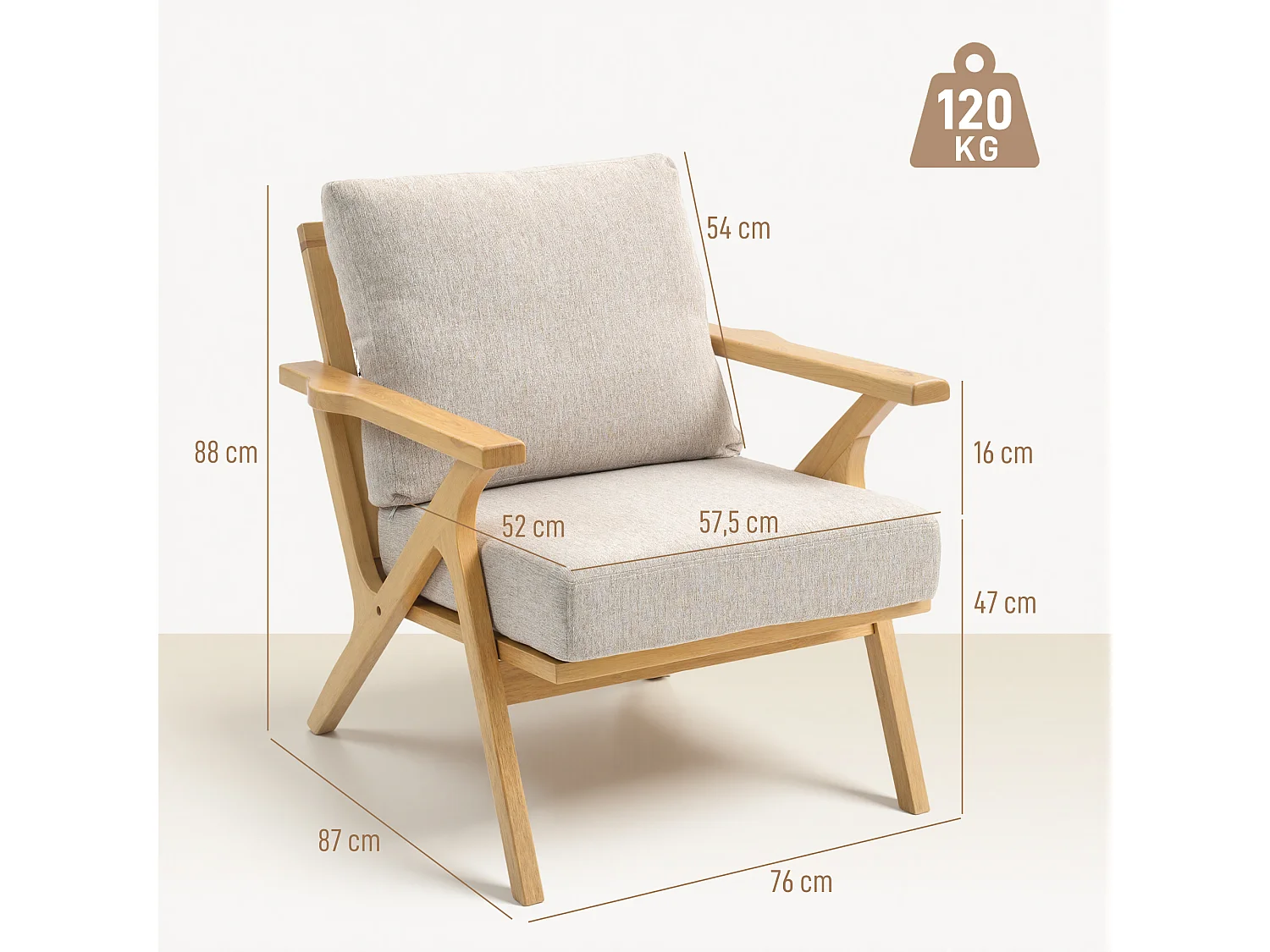 Fauteuil lounge style nordique bois hévéa verni tissu toucher lin beige