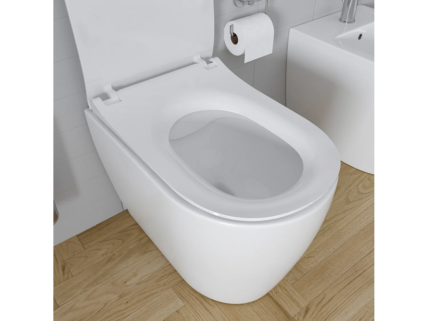 Coppia Sanitari Filomuro Vaso WC Rimless Senza Brida Tornado Flush E Bidet Moderno In Ceramica Con Copriwater Chiusura Soft Close Bianco Lucido