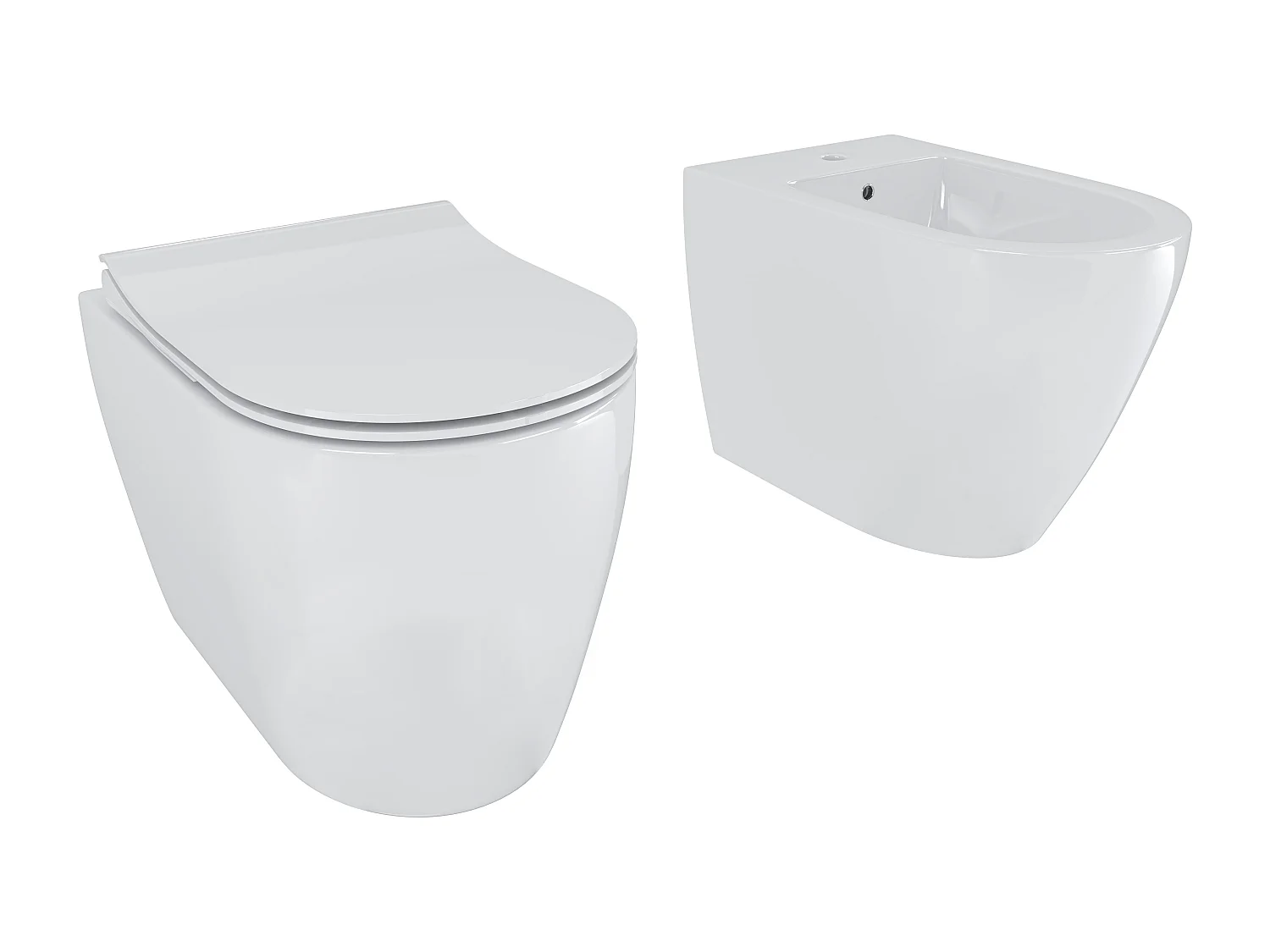 Coppia Sanitari Filomuro Vaso WC Rimless Senza Brida Tornado Flush E Bidet Moderno In Ceramica Con Copriwater Chiusura Soft Close Bianco Lucido