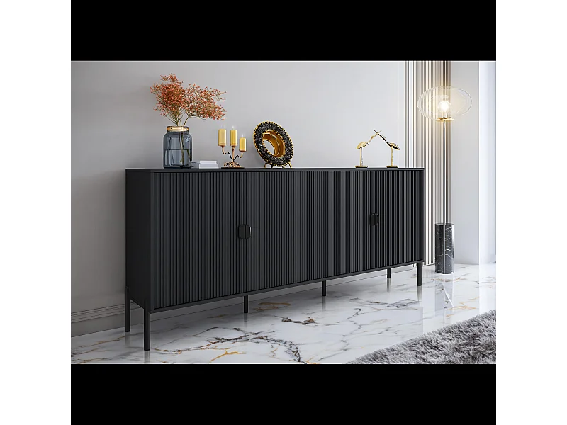 Madia Moderna Credenza In Melaminico Opaco Con 4 Ante E Piedini Alti Mobile Contenitore Design Soggiorno Salotto Sala Pranzo Ingresso Elegante 203 x 49 x 87 Cm Nero