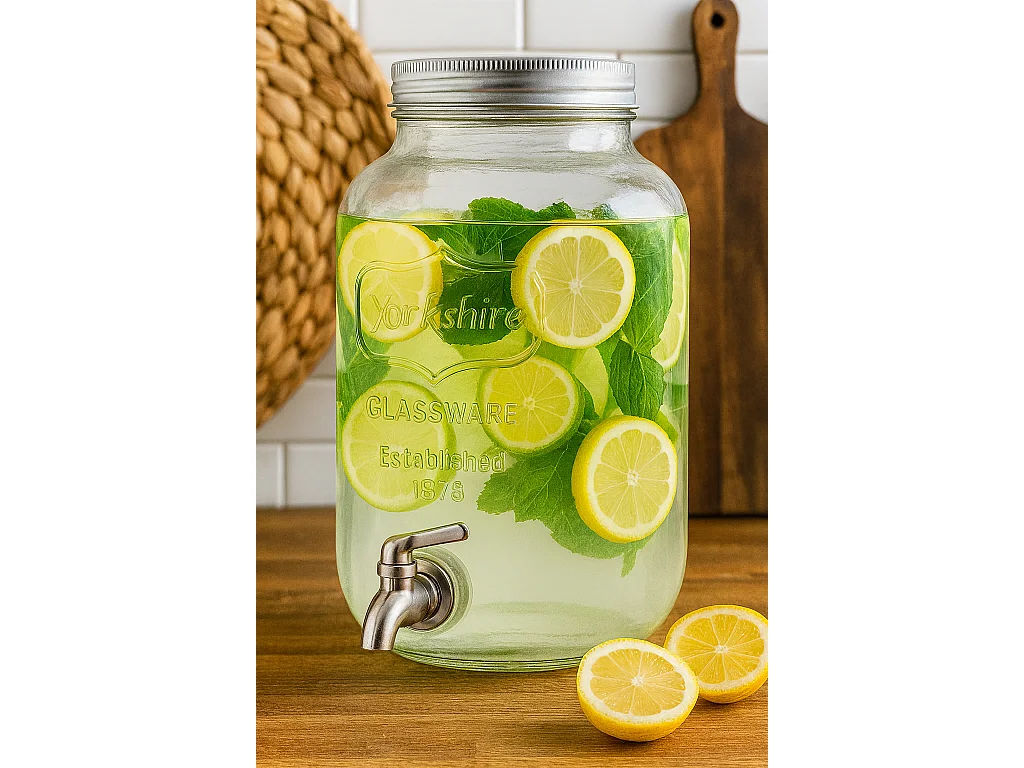 Dispenser in Vetro per Bevande 4L con Rubinetto in Acciaio Cromato Lavabile in Lavastoviglie Ideale per Feste Aperitivi e Campeggio 14 x 14 x 26 Cm Trasparente