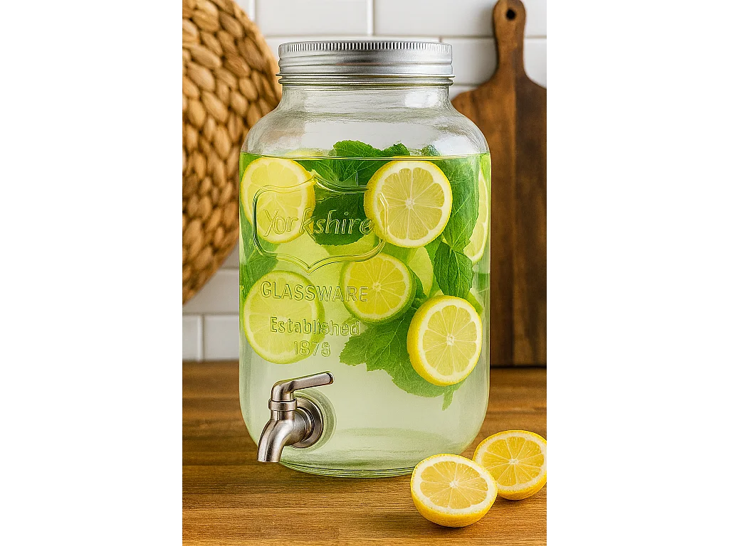 Dispenser in Vetro per Bevande 4L con Rubinetto in Acciaio Cromato Lavabile in Lavastoviglie Ideale per Feste Aperitivi e Campeggio 14 x 14 x 26 Cm Trasparente