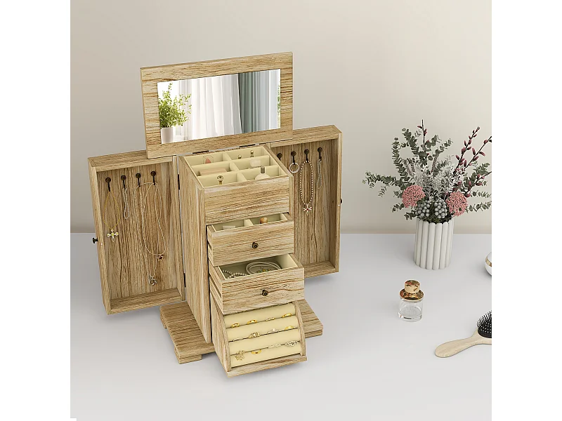 Armoire à bijoux bois style naturel poignées bouton effet bronze antique miroir