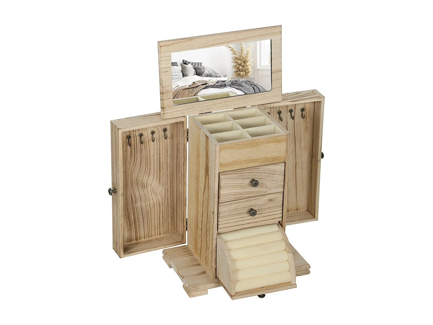 Armoire à bijoux bois style naturel poignées bouton effet bronze antique miroir