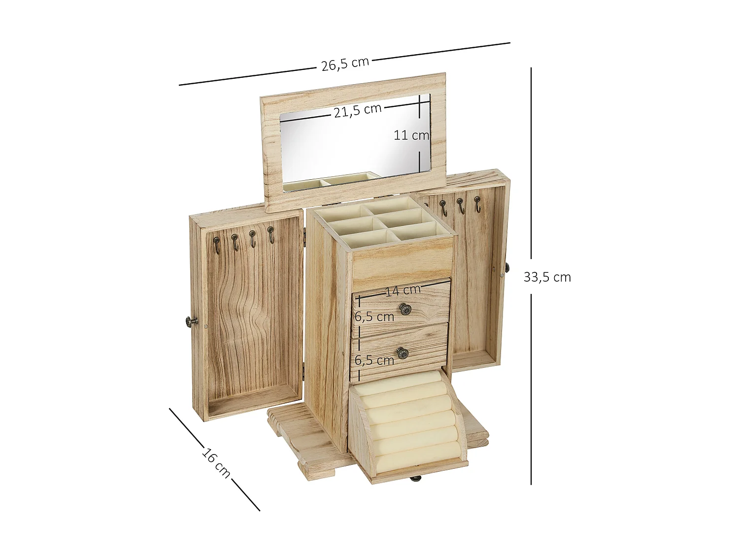 Armoire à bijoux bois style naturel poignées bouton effet bronze antique miroir