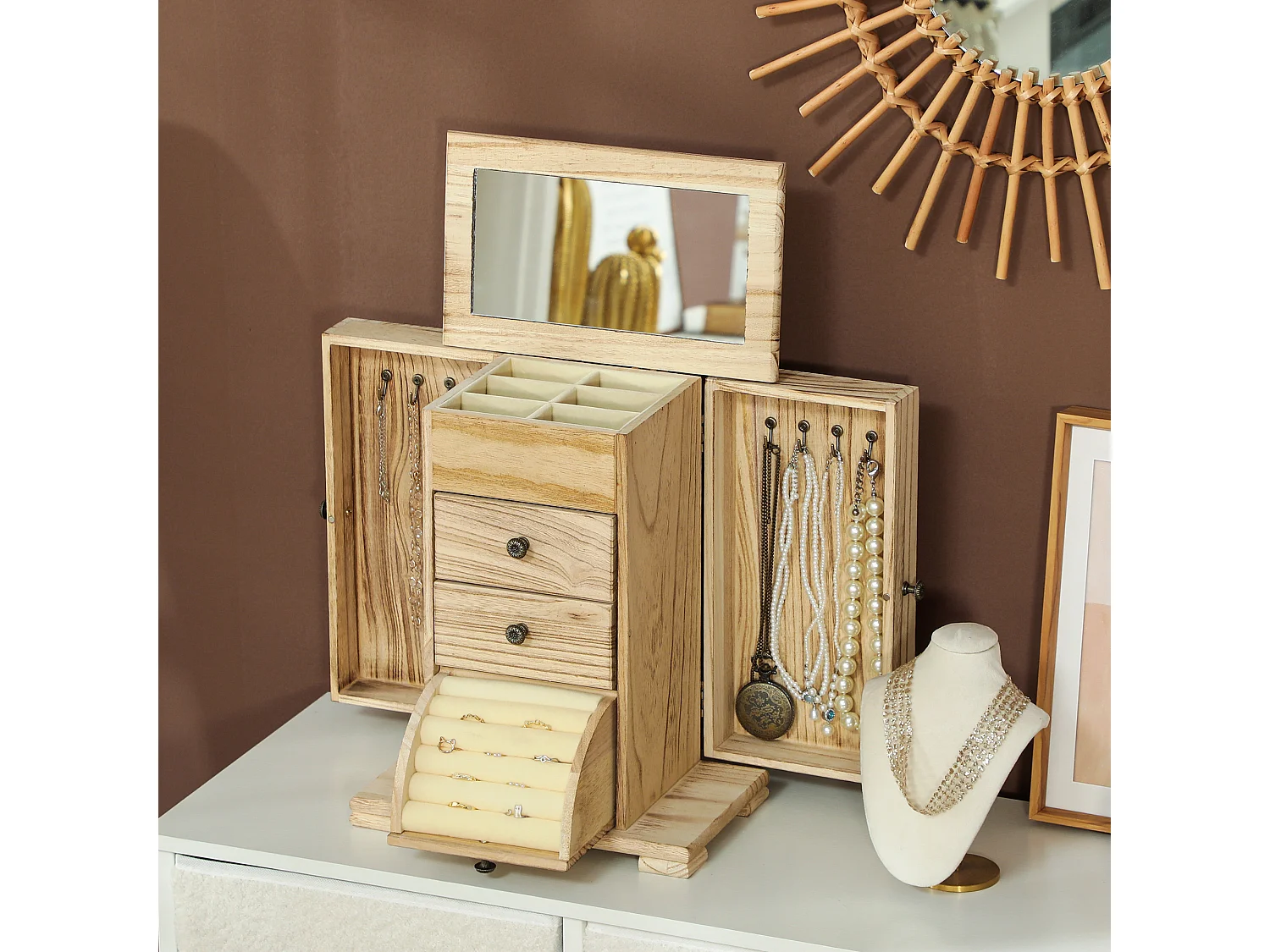 Armoire à bijoux bois style naturel poignées bouton effet bronze antique miroir