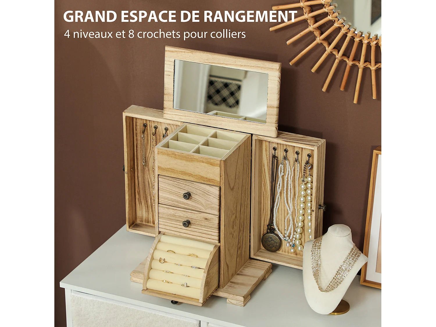 Armoire à bijoux bois style naturel poignées bouton effet bronze antique miroir