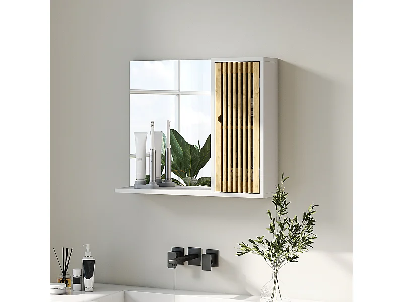 Miroir étagère style cosy - armoire miroir salle de bain 1 porte - bambou blanc