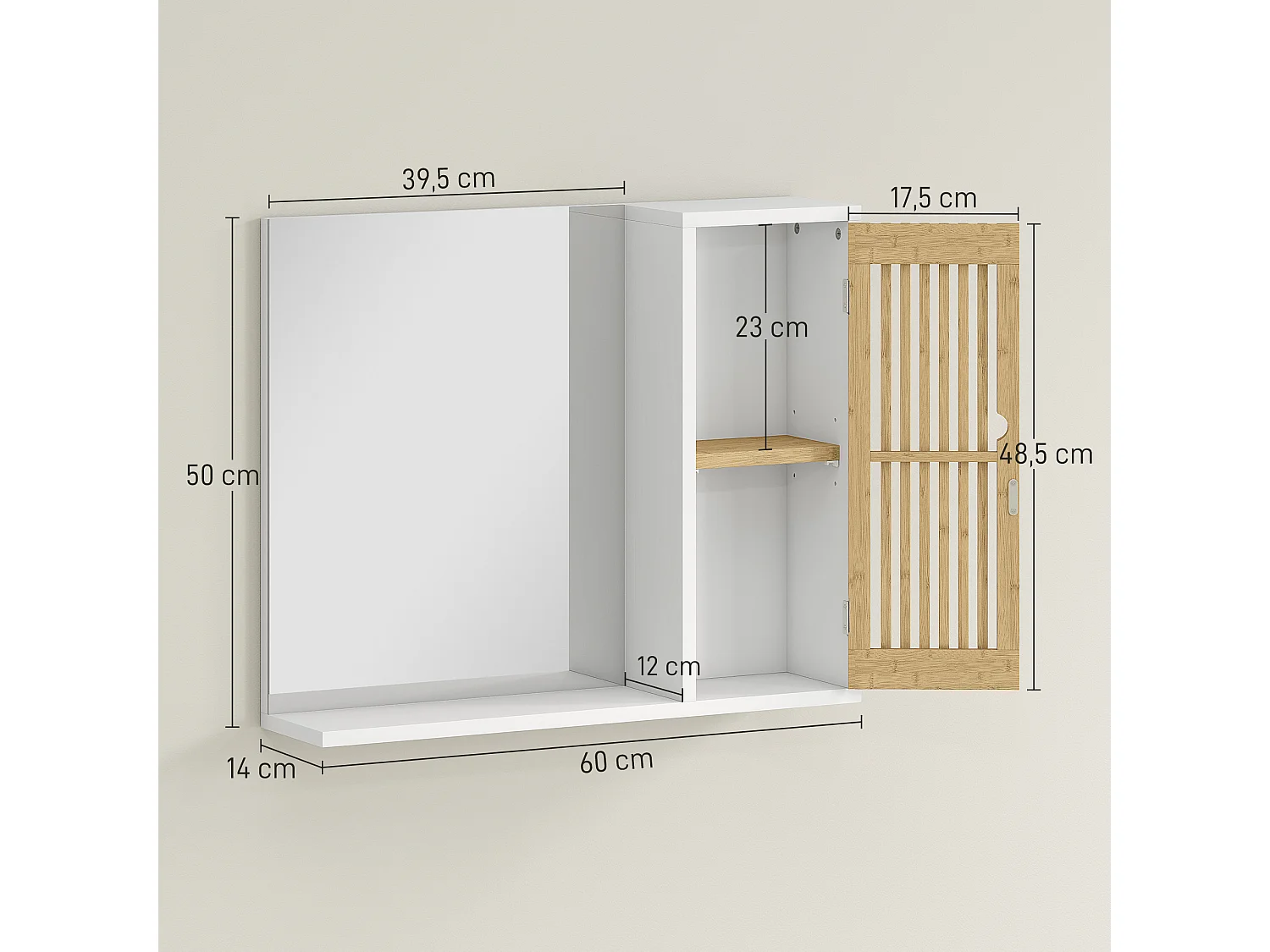 Miroir étagère style cosy - armoire miroir salle de bain 1 porte - bambou blanc