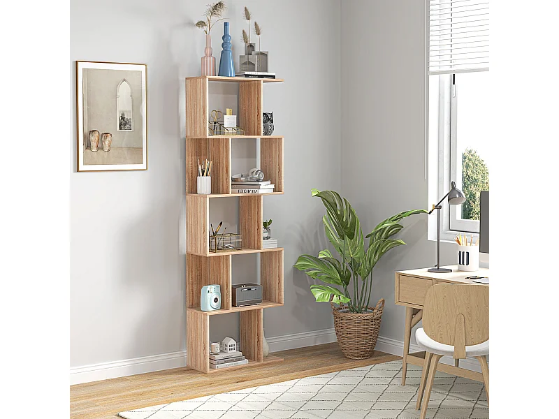 Bibliothèque étagère meuble de rangement design contemporain en S 5 étagères 60L x 24l x 185H cm effet bois clair