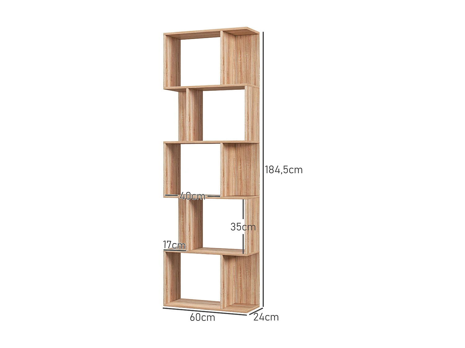 Bibliothèque étagère meuble de rangement design contemporain en S 5 étagères 60L x 24l x 185H cm effet bois clair