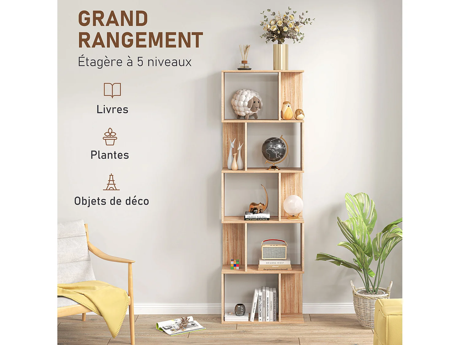 Bibliothèque étagère meuble de rangement design contemporain en S 5 étagères 60L x 24l x 185H cm effet bois clair