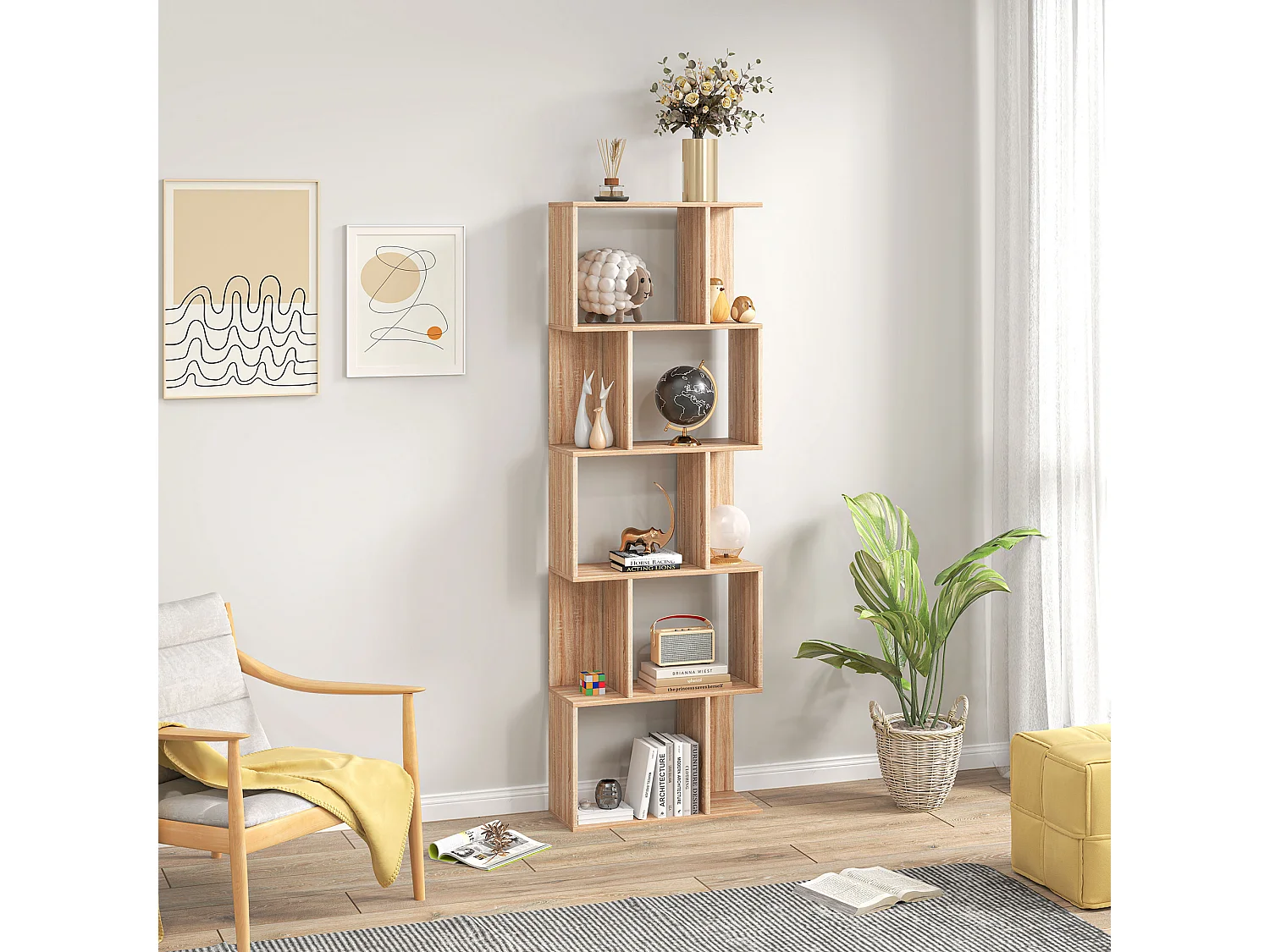 Bibliothèque étagère meuble de rangement design contemporain en S 5 étagères 60L x 24l x 185H cm effet bois clair
