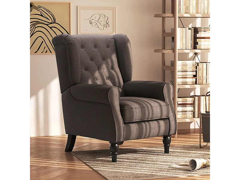 Fauteuil à oreilles style Chesterfield dossier capitonné grand confort bois noir tissu chocolat