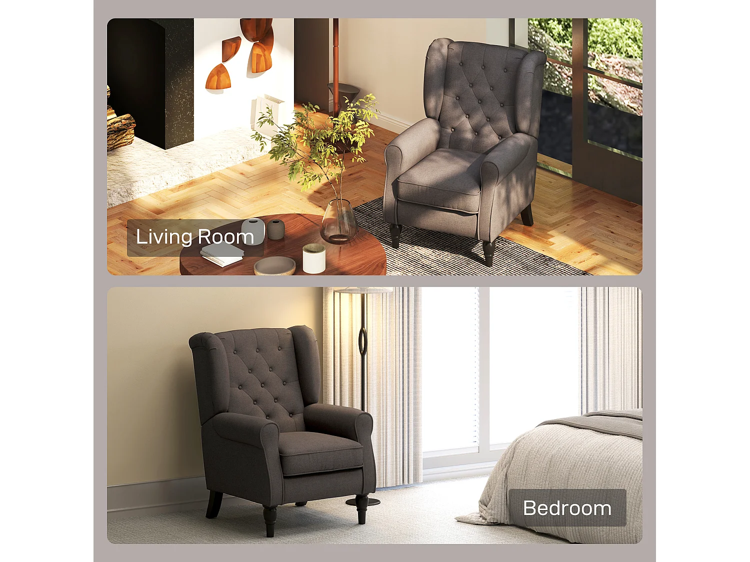 Fauteuil à oreilles style Chesterfield dossier capitonné grand confort bois noir tissu chocolat