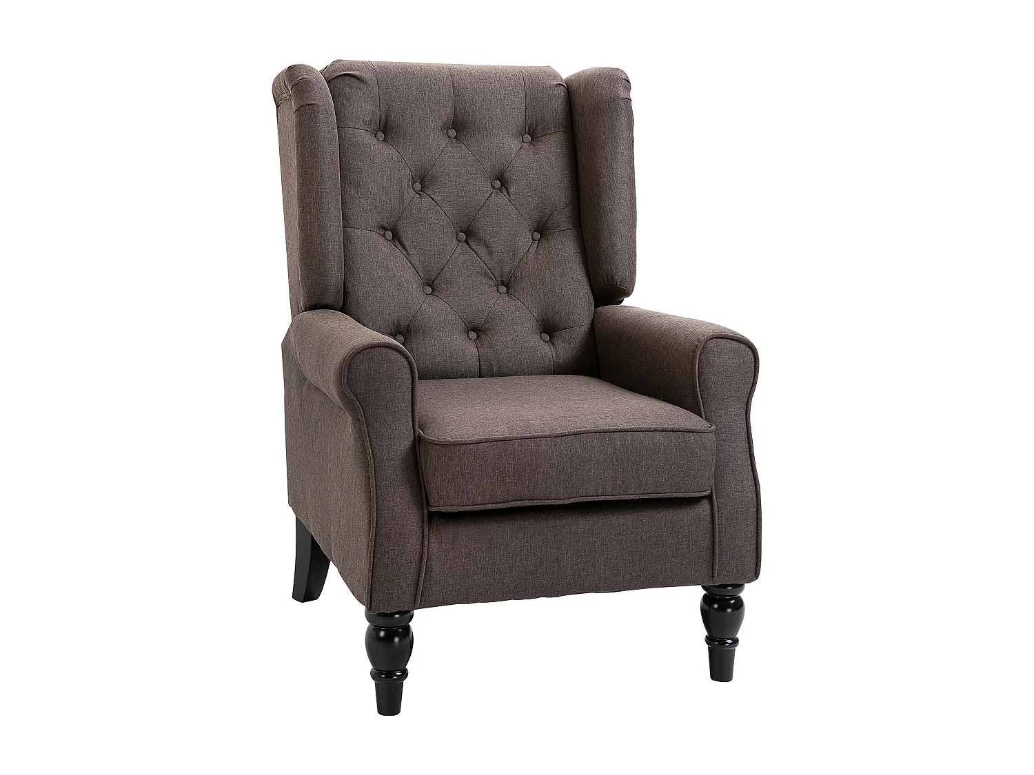 Fauteuil à oreilles style Chesterfield dossier capitonné grand confort bois noir tissu chocolat
