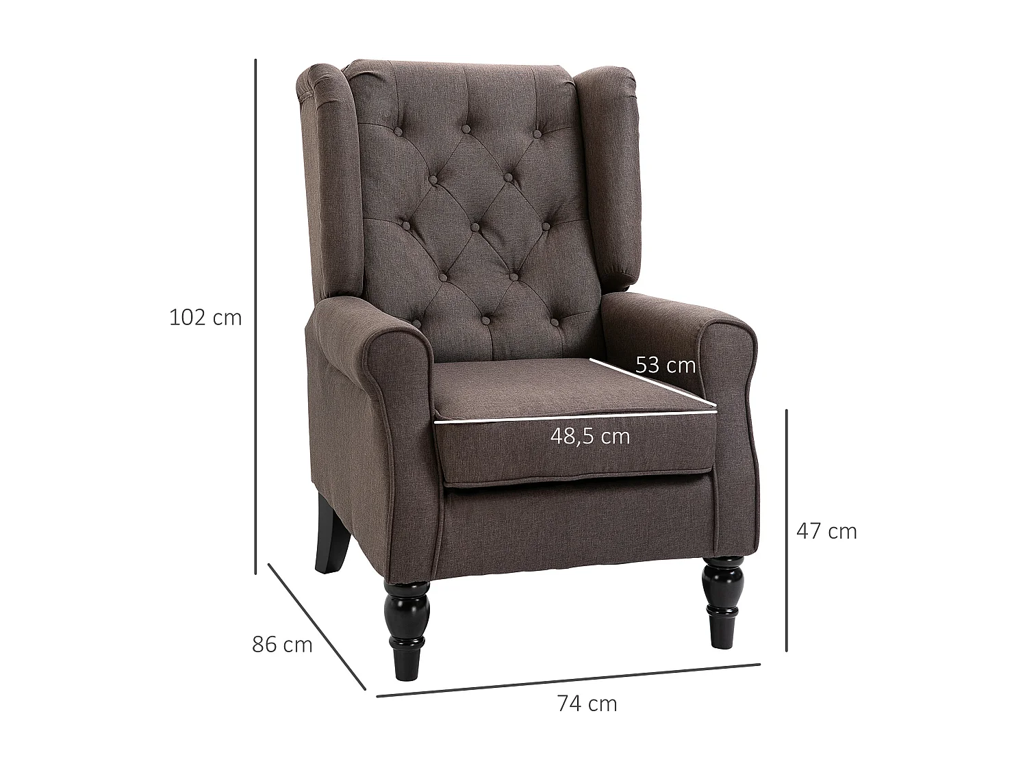 Fauteuil à oreilles style Chesterfield dossier capitonné grand confort bois noir tissu chocolat