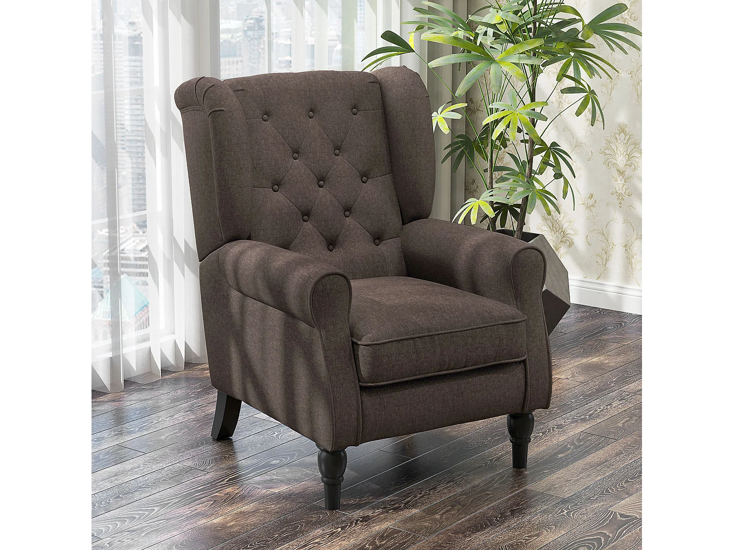 Fauteuil à oreilles style Chesterfield dossier capitonné grand confort bois noir tissu chocolat