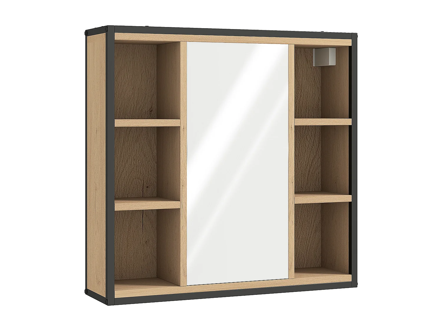 Armoire miroir murale salle de bain - 6 niches, porte, étagère - acier noir effet bois