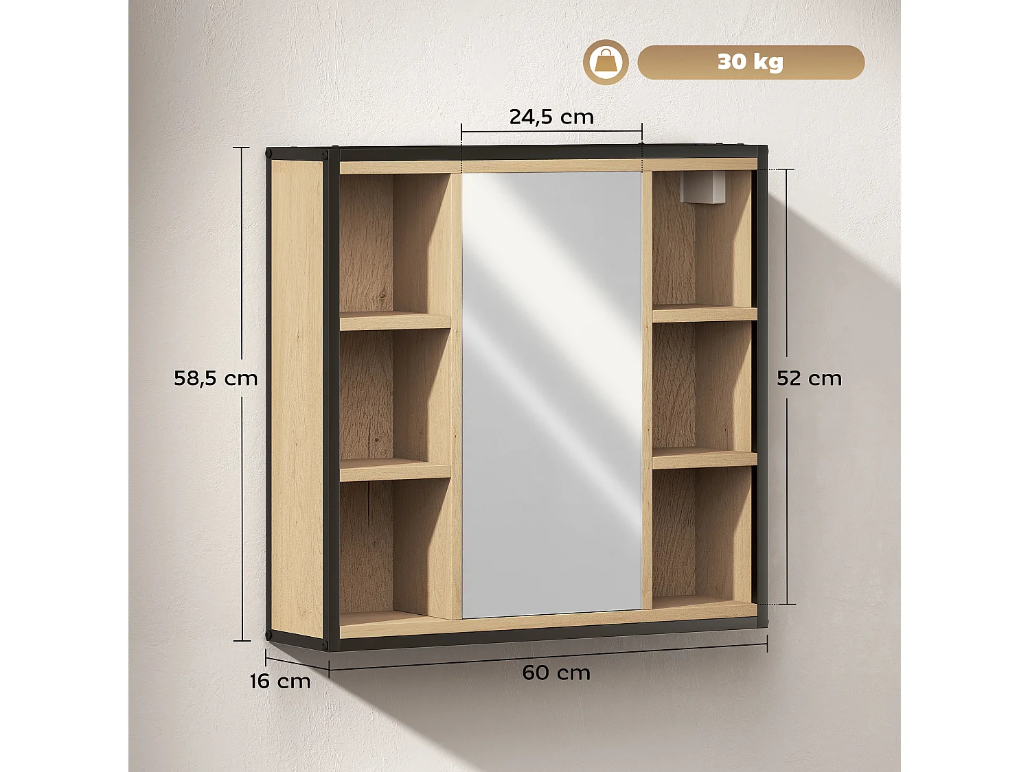 Armoire miroir murale salle de bain - 6 niches, porte, étagère - acier noir effet bois