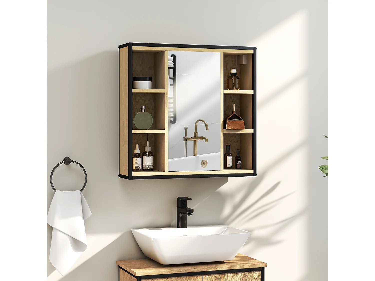 Armoire miroir murale salle de bain - 6 niches, porte, étagère - acier noir effet bois